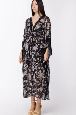 Twin-set Kaftano Stampato con Frange e SottovesteST.FIORE INDIANO NERO