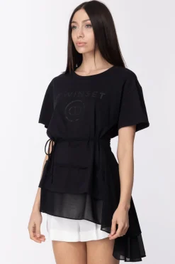 Twin-set Maxi T-shirt Svasata con Inserto VolantNERO