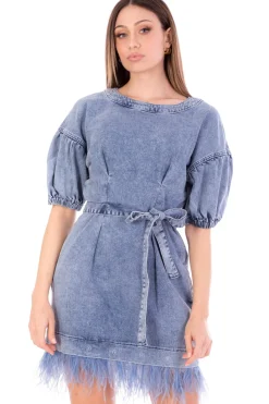 Twin-set Mini Abito In Jeans con Piumette e FusciaccaDENIM OCEANO