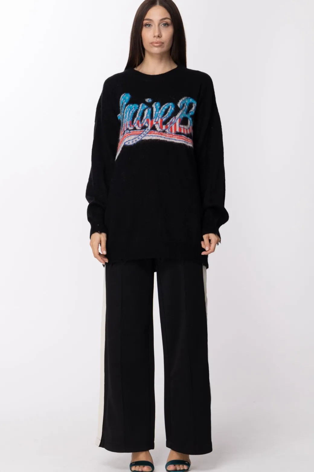 Twin-set Pantaloni Palazzo In MagliaBIC.NERO/NEVE