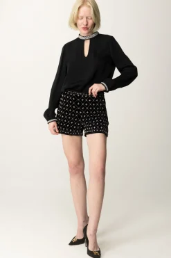 Twin-set Shorts Ricamato con Perle e StrassNERO