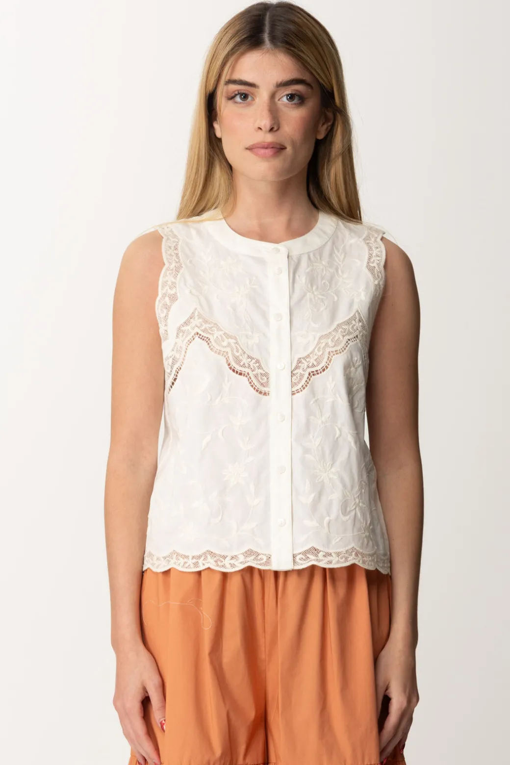 Twin-set Top con Ricami a FioriBIANCO OTTICO