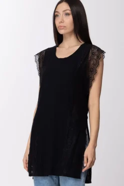 Twin-set Top Lungo In Jersey con Inserti In PizzoNERO