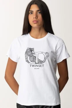 Twin-set T-shirt con Ricamo Logo e GiaguaroBIANCO OTTICO