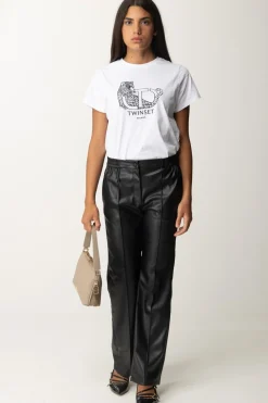Twin-set T-shirt con Ricamo Logo e GiaguaroBIANCO OTTICO
