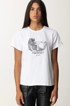 Twin-set T-shirt con Ricamo Logo e GiaguaroBIANCO OTTICO