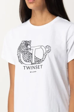 Twin-set T-shirt con Ricamo Logo e GiaguaroBIANCO OTTICO