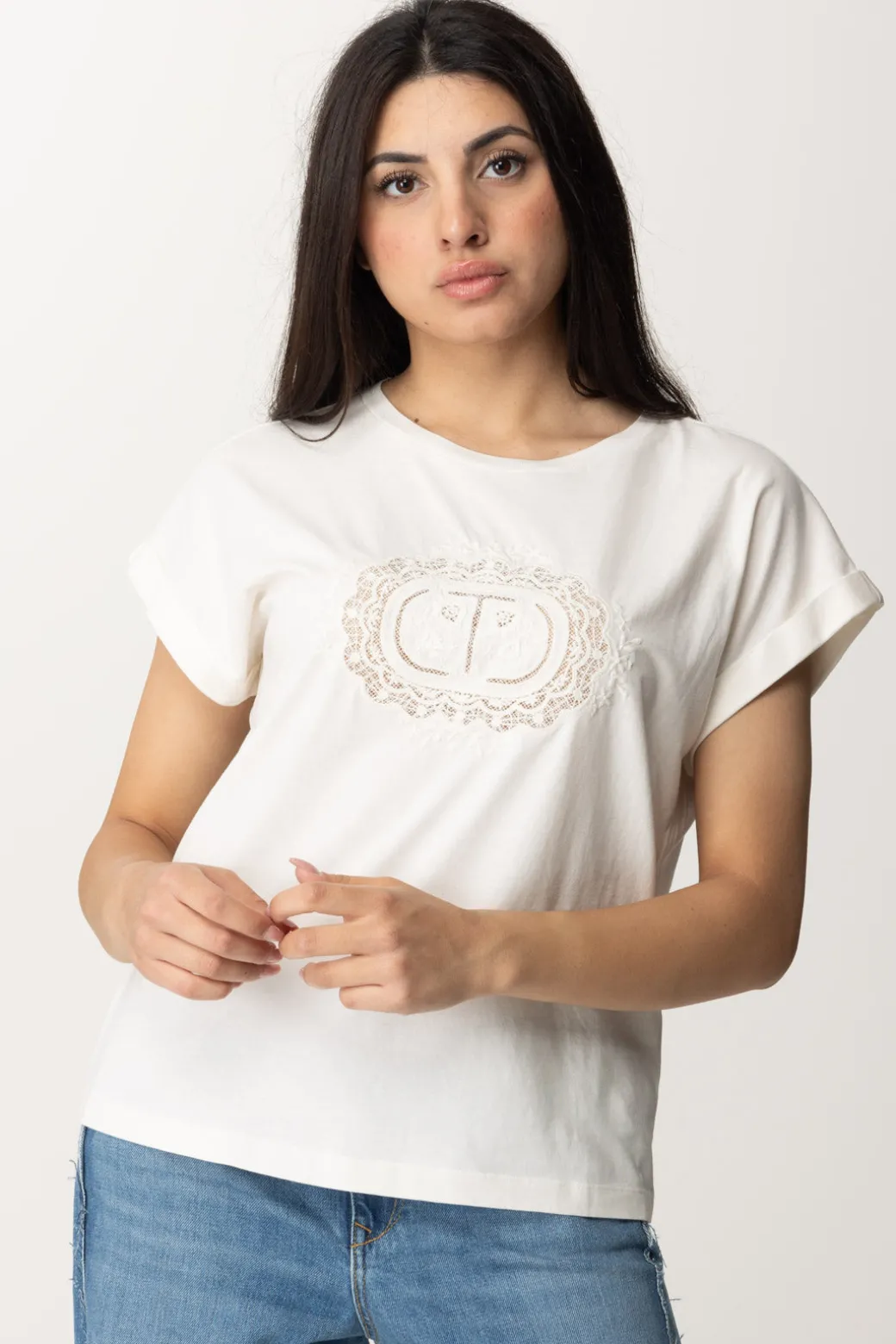 Twin-set T-shirt con Ricamo Oval T In PizzoBIANCO OTTICO