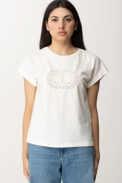 Twin-set T-shirt con Ricamo Oval T In PizzoBIANCO OTTICO