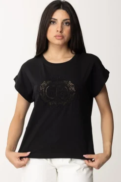 Twin-set T-shirt con Ricamo Oval T In PizzoNERO