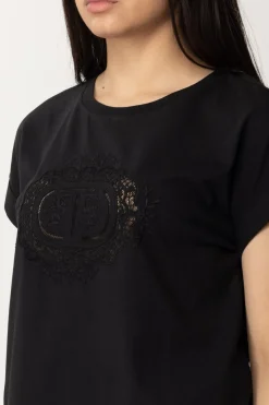 Twin-set T-shirt con Ricamo Oval T In PizzoNERO