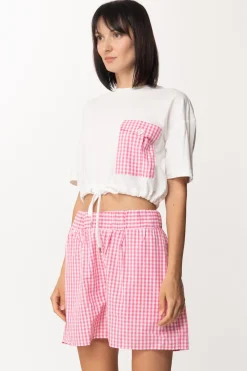 Twin-set T-shirt Crop con Coulisse e Tasca VichyBIC.OFF WHITE/HOT PINK