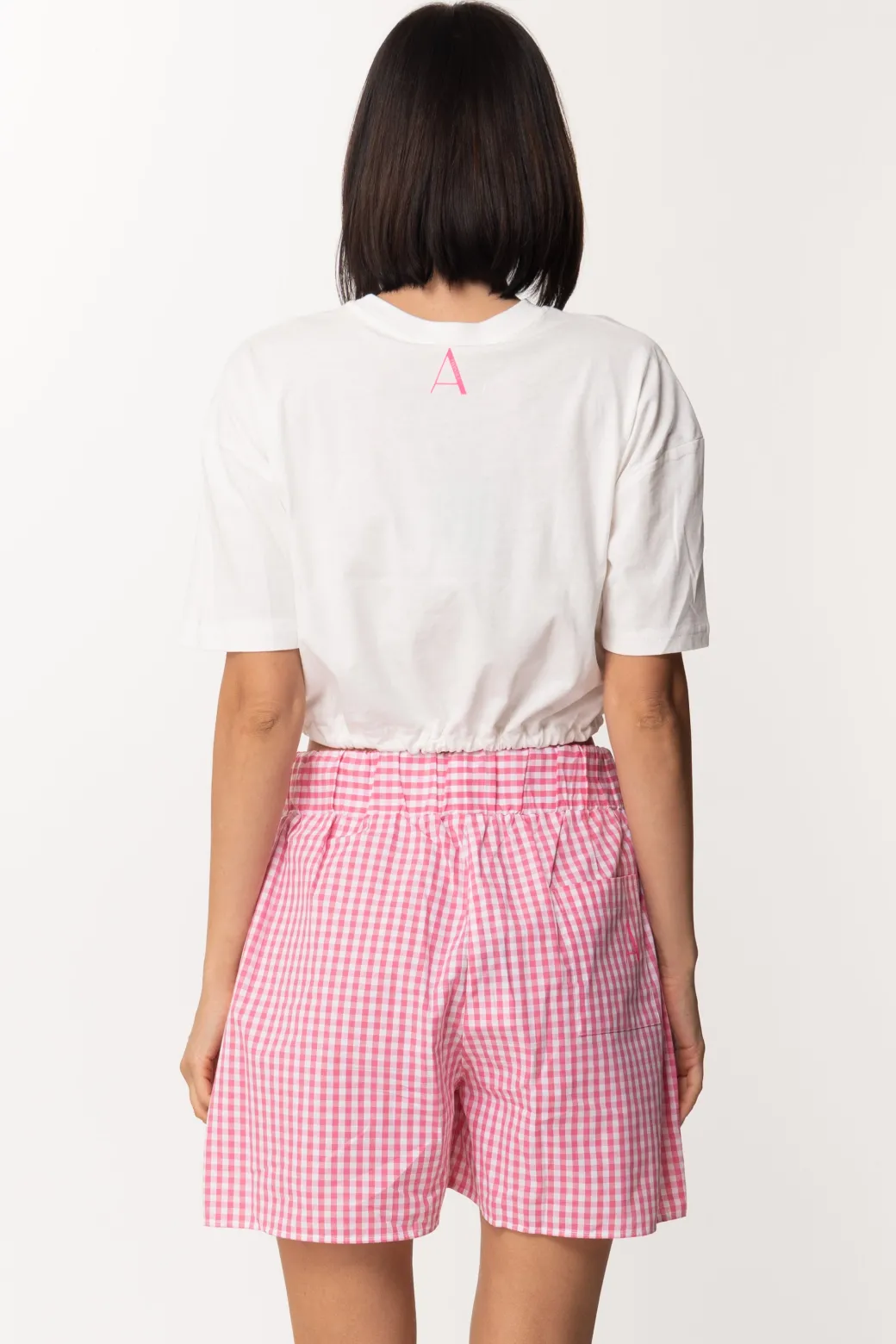 Twin-set T-shirt Crop con Coulisse e Tasca VichyBIC.OFF WHITE/HOT PINK