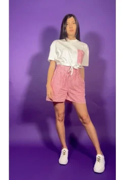 Twin-set T-shirt Crop con Coulisse e Tasca VichyBIC.OFF WHITE/HOT PINK