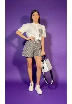 Twin-set T-shirt Crop con Coulisse e Tasca VichyBIC.OFF WHITE/NERO