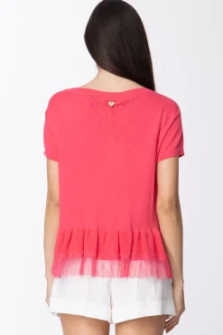 Twin-set T-shirt In Maglia con Balza In PizzoROSA NEON