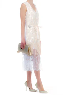 Twin-set Tunica In Pizzo Macreme' con Ricamo Conrnelly Scollo a V Coulisse In Vita Occhelli Sui FianchiBIANCO SETA