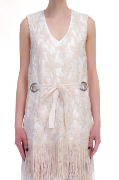 Twin-set Tunica In Pizzo Macreme' con Ricamo Conrnelly Scollo a V Coulisse In Vita Occhelli Sui FianchiBIANCO SETA