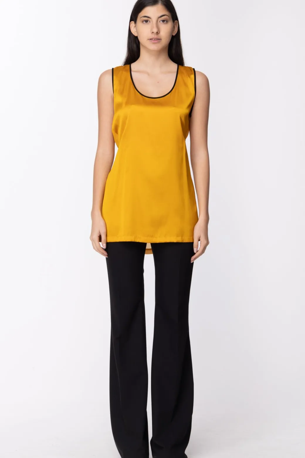 Twin-set Twin Set: Top In Raso Elasticizzato Di Seta con Profilo a Contrasto Retro GeorgetteGOLDEN YELLOW/NERO