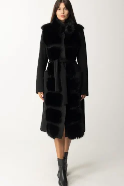 Yes London Cappotto con Cintura In Vita e Inserti In EcopellicciaNERO