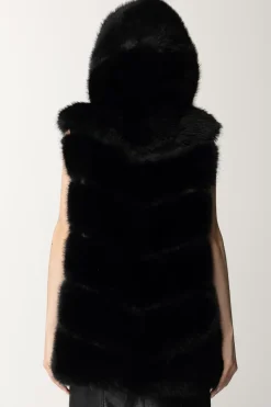 Yes London Gilet In Ecopelliccia con CappuccioNERO